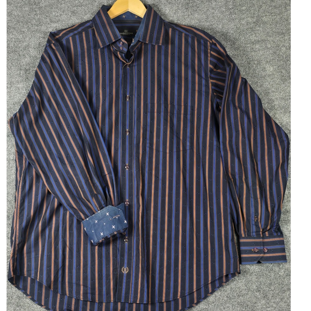 Bugatchi Uomo Mens Long Sleeve Striped Dress Shirt Blue Brown Geometric Print XL